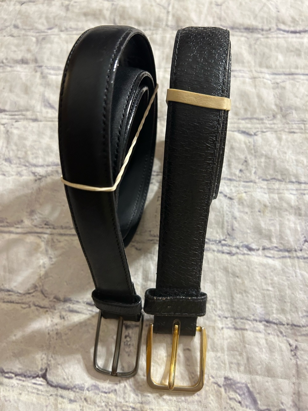 LEEGIN BLACK LEATHER GUNMETAL BUCKLE 34 & VTG BLACK COWHIDE 36 MEN BELTS